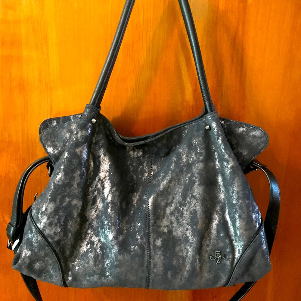New orYANY without tags grey suede with silver foil print double bag